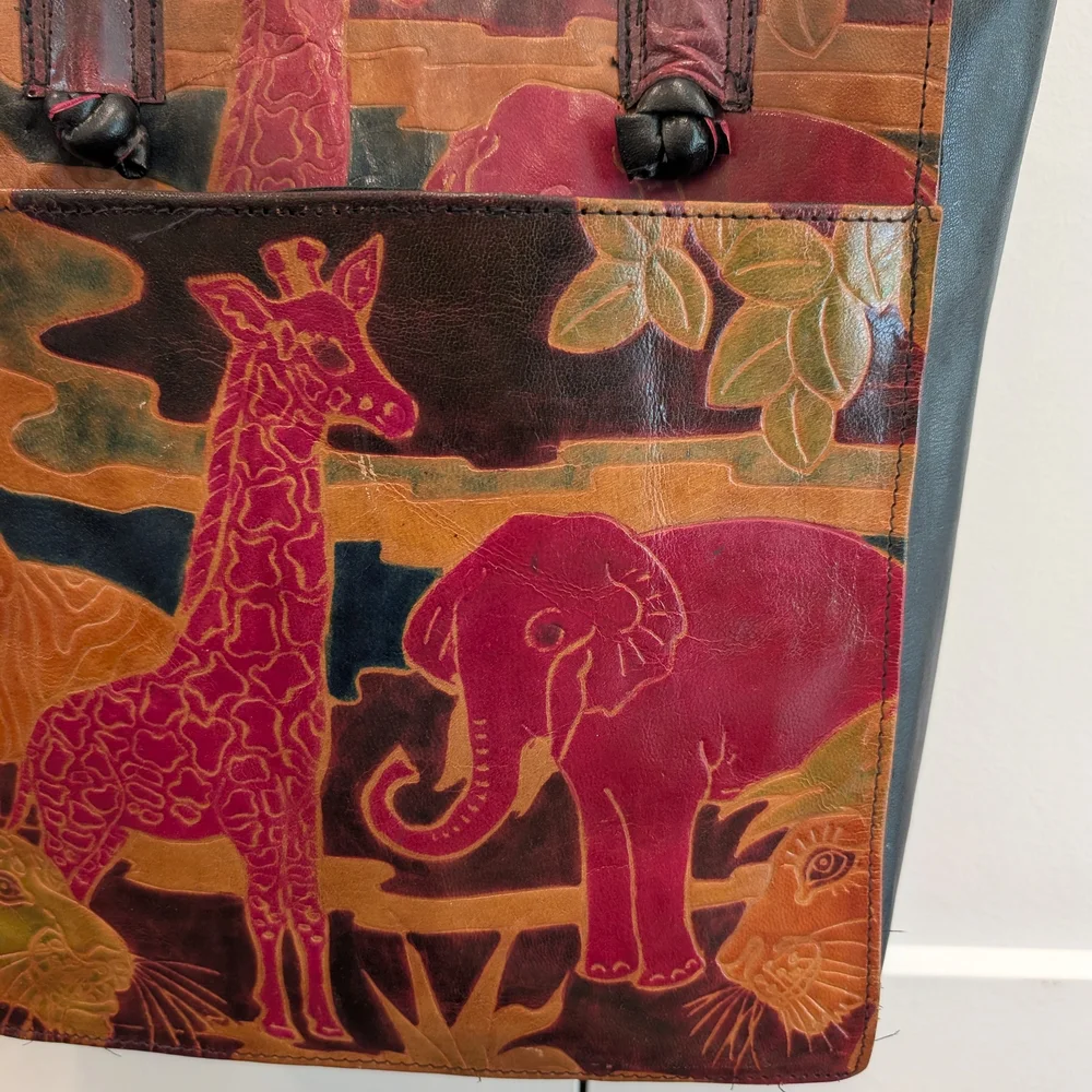 Artistic Safari Animal Print Colorful Leather Tote Bag With Wallets Indian Made